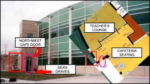 Map of the teacher's lounge and Northwest cafeteria door.