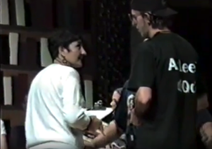 Dylan Klebold talks with Sue Caruthers during a rehearsal for Frankenstein.