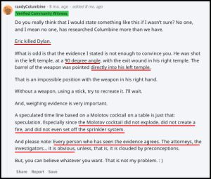 Randy Brown claims the molotov cocktail placed on table #15 never exploded nor started a fire.