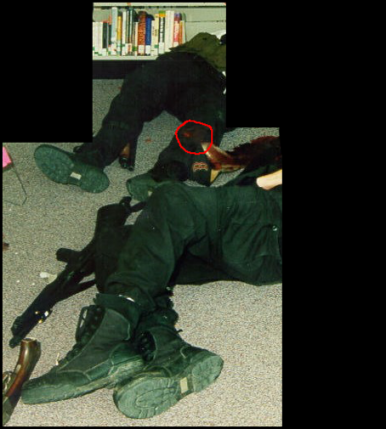 You can see where Klebold's head landed on Harris' leg